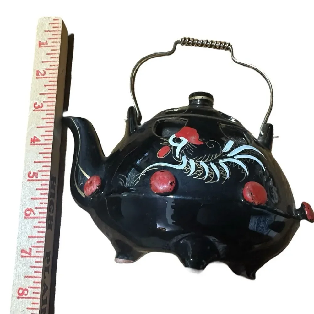 Vintage Thames Black Teapot Wall Pocket Rooster Design Japan Hand-Painted